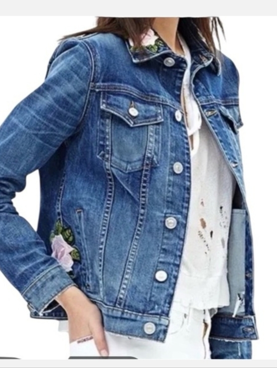 Hudson "The Classic" Distressed Denim Jean Trucker Jacket Rose Embroidery Size M - Picture 14 of 14